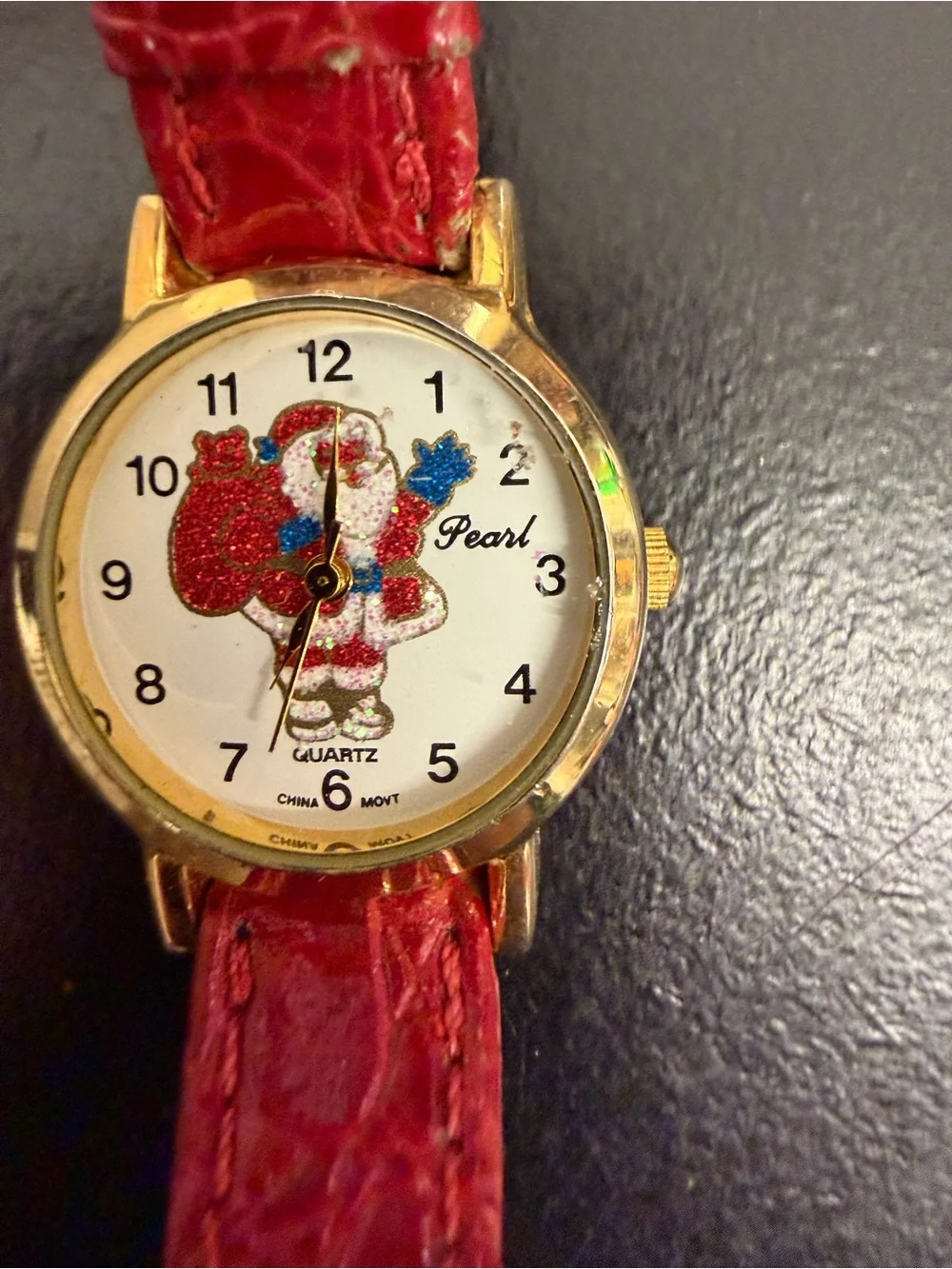 Vintage Pearl Santa Claus Quartz Watch Glitter Christmas Gold Tone Needs Band